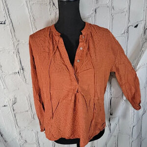 A New Day Boho Peasant Blouse‎ Top V Neck Cottagecore Casual Rust Womens Sm